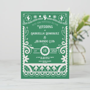 Convite de Casamento Verde e Branco Papel Picado