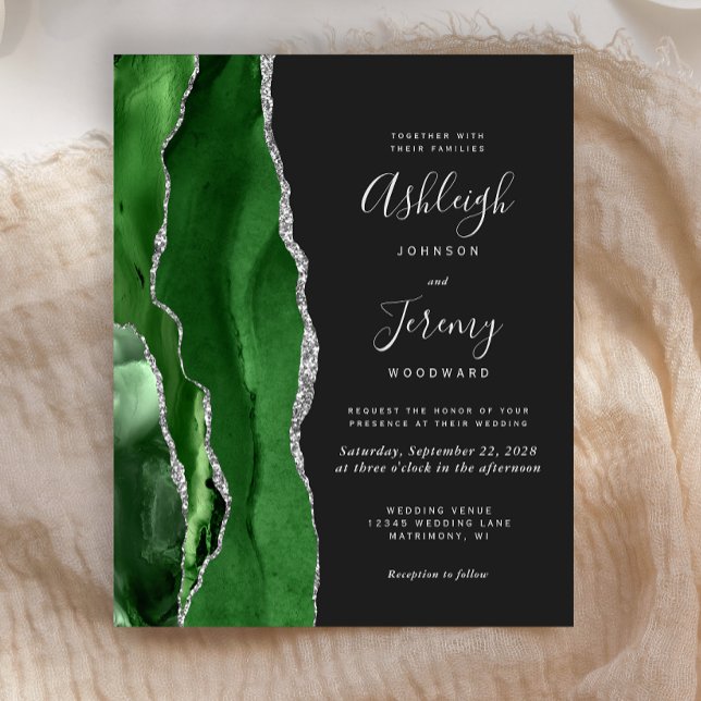 Convite de Casamento Verde Escuro com Ágata Prata  (Criador carregado)
