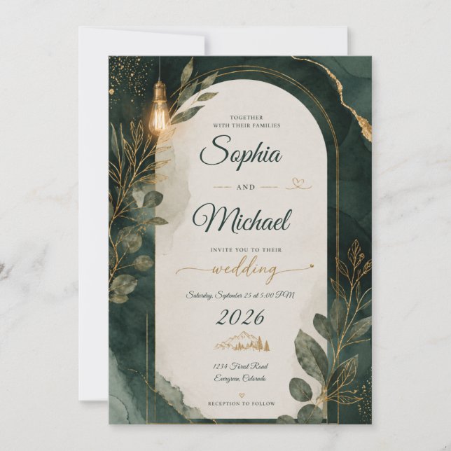 Convite de Casamento Verde Esmeralda e Dourado (Frente)