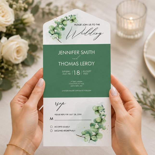 Convite de Casamento Verde Eucalipto Aquarela com  (Watercolor Eucalyptus Green Wedding with RSVP All In One Invitation, Wedding Announcement)