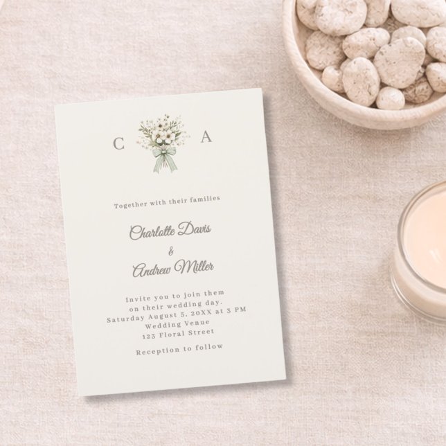 Convite de casamento verde floral monograma marrom (Criador carregado)