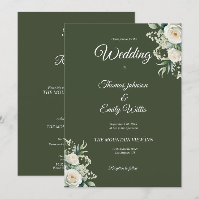Convite de casamento verde oliva elegante com folh (Frente/Verso)