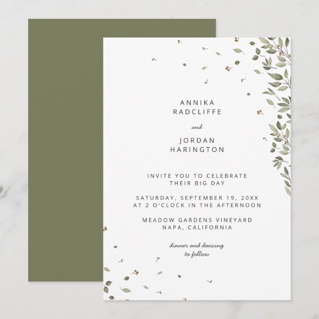 Convite de Casamento Verde Orgânico Minimal Modern (Frente/Verso)