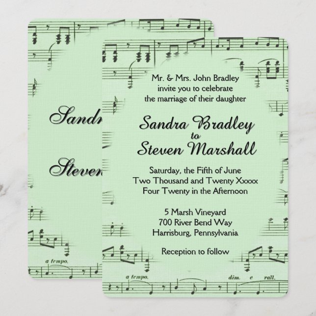 Convite de Casamento Verde Partitura (Frente/Verso)