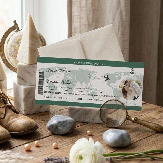Convite de casamento verde Passagem de embarque bi (Criador carregado)