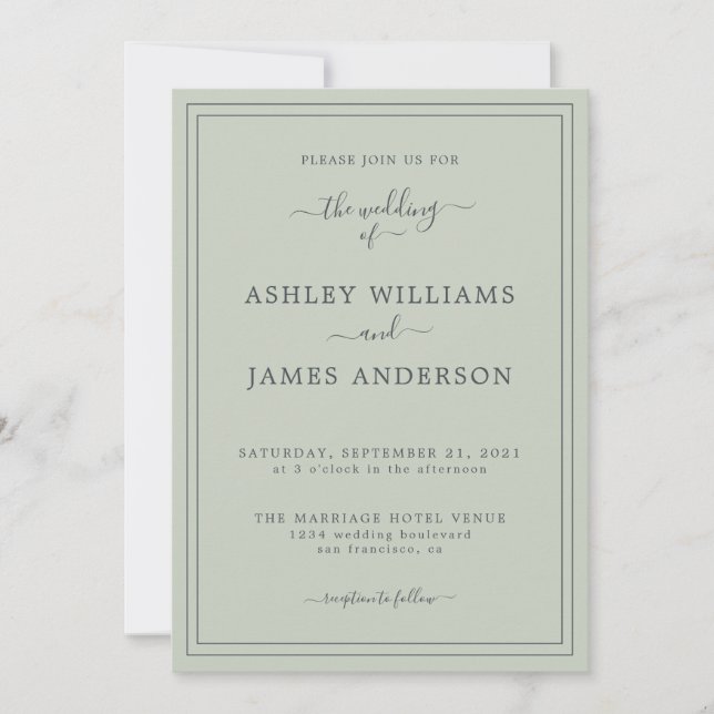 Convite de Casamento Verde Pastel Script Chic (Frente)