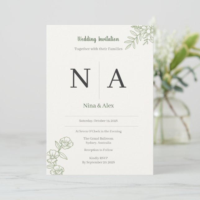 Convite de Casamento Verde Sage (Em pé/Frente)