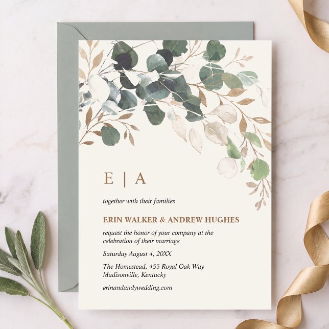 Convite de Casamento Verde Sage com Folhas Dourada (Criador carregado)