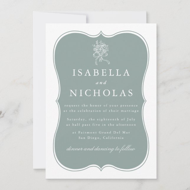 Convite de Casamento Verde Sage com Moldura Decora (Frente)