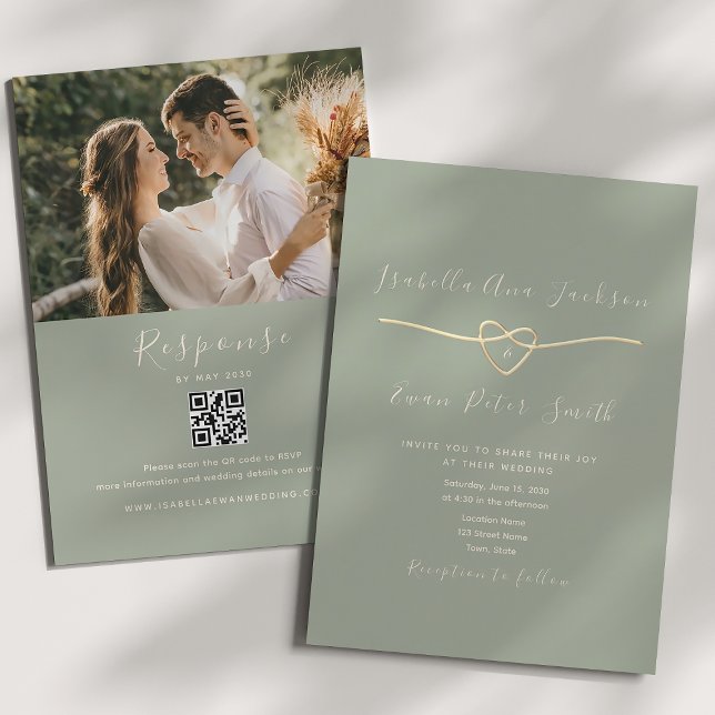 Convite de Casamento Verde Sage com QR Code RSVP (Criador carregado)