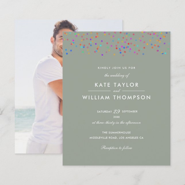 Convite de Casamento Verde Sage Confete Arco-íris  (Frente/Verso)