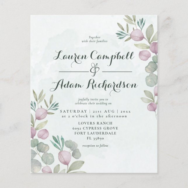 Convite de Casamento Verde Sage de Eucalipto Econô (Frente)
