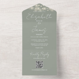 Convite de Casamento Verde Sage Luzes de Natal QR 