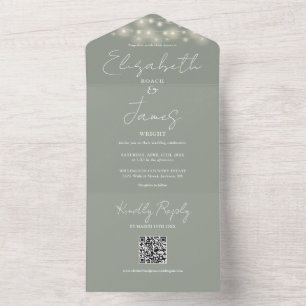 Convite de Casamento Verde Sage Luzes de Natal QR 
