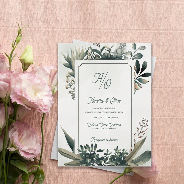 Convite de Casamento Verde Sage Verdejante Botânic (Botanical Greenery Frame Wedding Invitation | Elegant Sage Green Nature Wedding Invite)