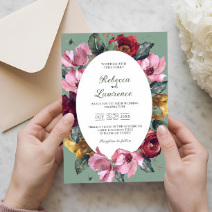 Convite de casamento verde salvia com flores chiqu