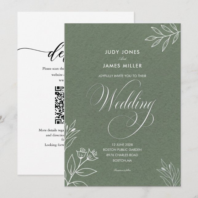convite de casamento verde salvia rústico simples  (Frente/Verso)