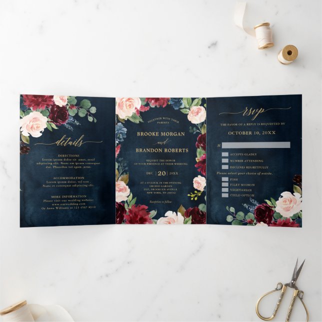 Convite de Casamento Vermelho Borgonha Azul Dourad (Dentro)