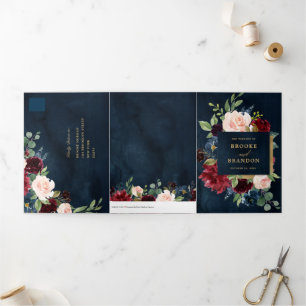 Convite de Casamento Vermelho Borgonha Dourado Nav