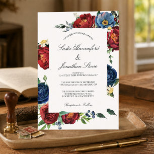 Convite de casamento vermelho burgundy azul navy e