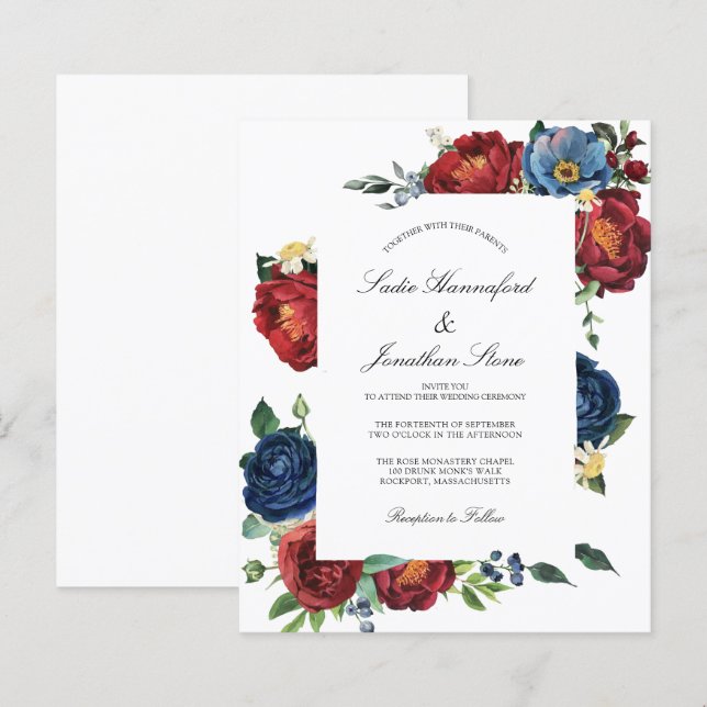 Convite de casamento vermelho burgundy azul navy o (Frente/Verso)