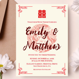 Convite de casamento vermelho dragão e fênix chinê