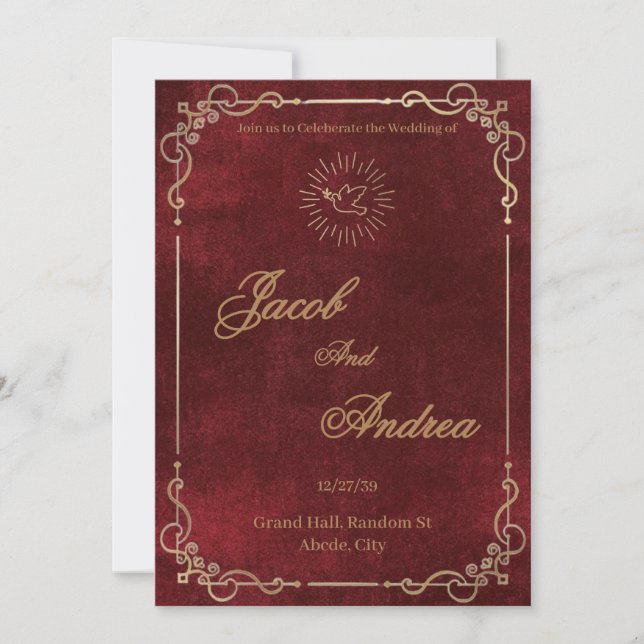 Convite de Casamento Vermelho e Dourado Tudo-em-Um (Frente)