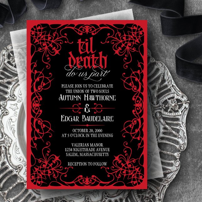 Convite de Casamento Vermelho Preto Til Death Góti (Criador carregado)