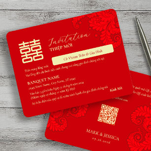 Convite de Casamento Vermelho Vietnamita Bilingue 