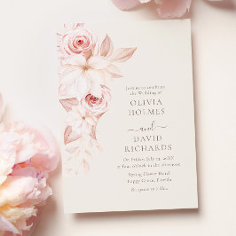Convite de Casamento Vertical Floral Bege Rosado