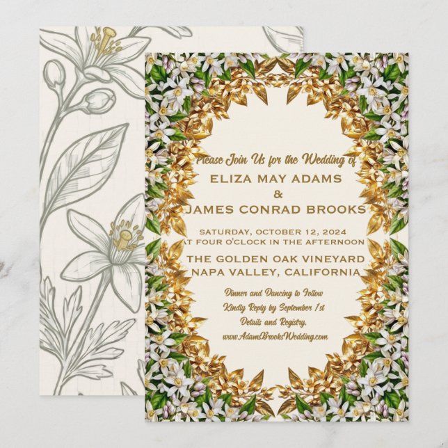 Convite de Casamento Vertical Florida Orange Bloss (Frente/Verso)