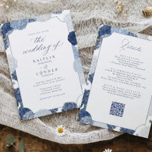 Convite de Casamento Vintage Azul e Branco de Hort