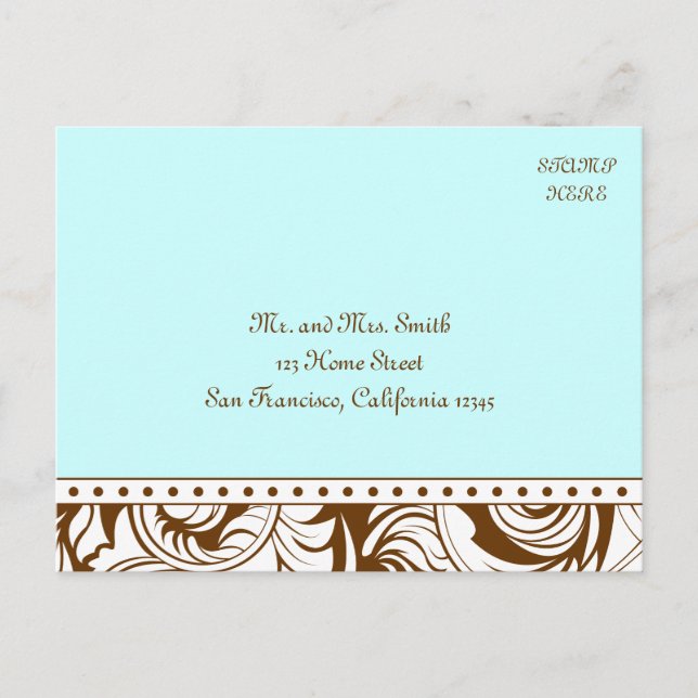 Convite de Casamento Vintage Azul Marrom RSVP (Frente)