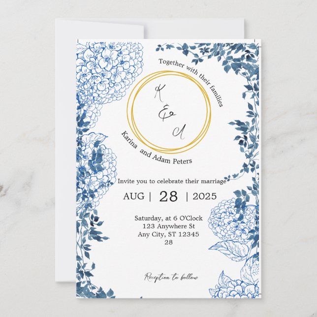 Convite de Casamento vintage Azul | Simples e Eleg (Frente)