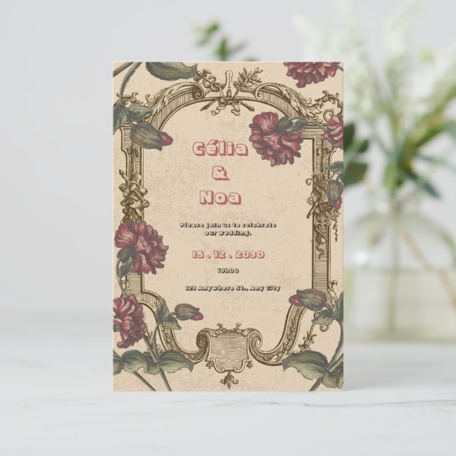 Convite de Casamento Vintage Bege e Borgonha (Em pé/Frente)