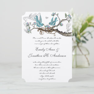 Convite de Casamento Vintage Birds Aqua e Rosa