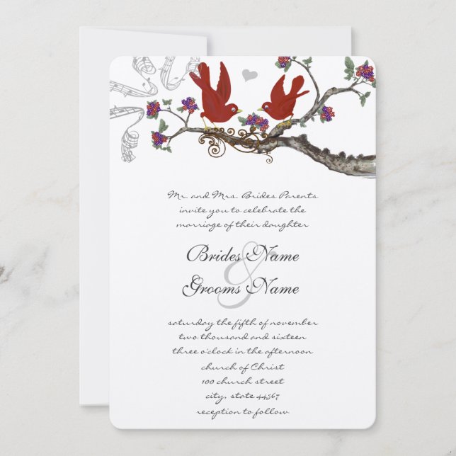 Convite de Casamento Vintage Birds Vermelho & Roxo (Frente)