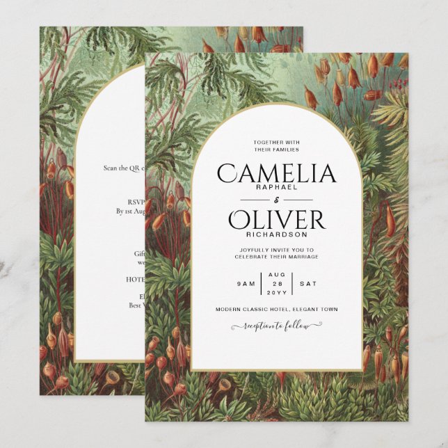 Convite de casamento Vintage Botanical Green Terra (Frente/Verso)