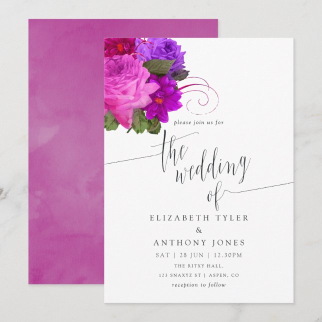 Convite de Casamento Vintage Chic Fuchsia e Roxo (Frente/Verso)