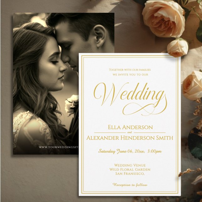 Convite de Casamento Vintage com Foto (Cinematic Photo Vintage White Wedding Invitation - paper color/texture will show)