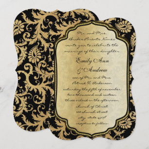 Convite de Casamento Vintage Damasco Dourado em Pr