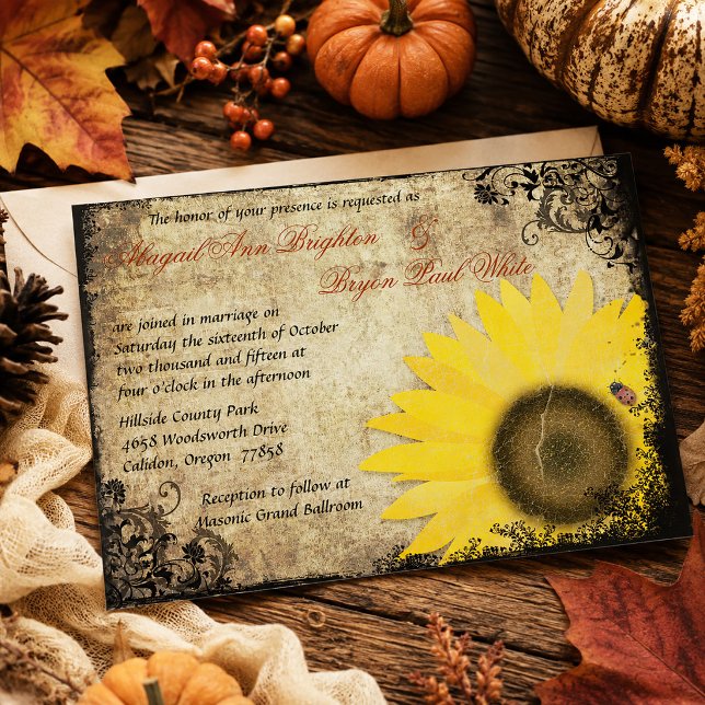 Convite de Casamento Vintage de Girassol com Joani (Sunflower with Ladybug Vintage Wedding Invitation )