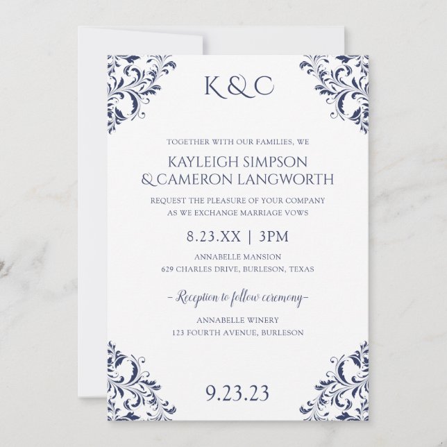Convite de Casamento Vintage Elegante | Azul Marin (Frente)