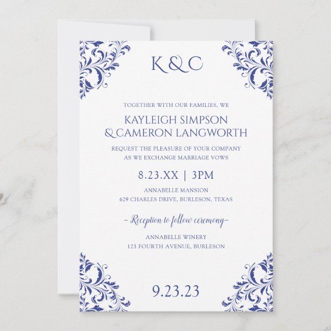 Convite de Casamento Vintage Elegante | Azul Real (Frente)
