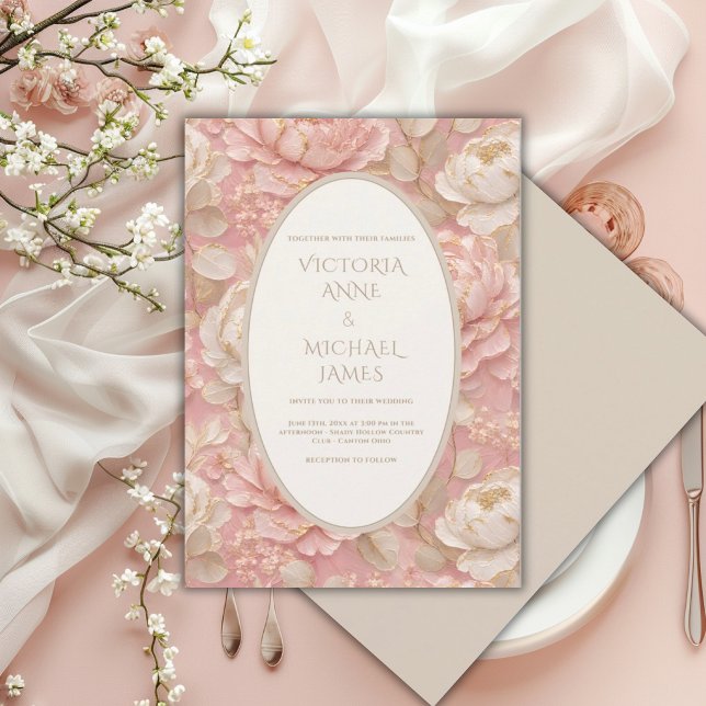 Convite de Casamento Vintage Elegante Peônia Rosa (Criador carregado)