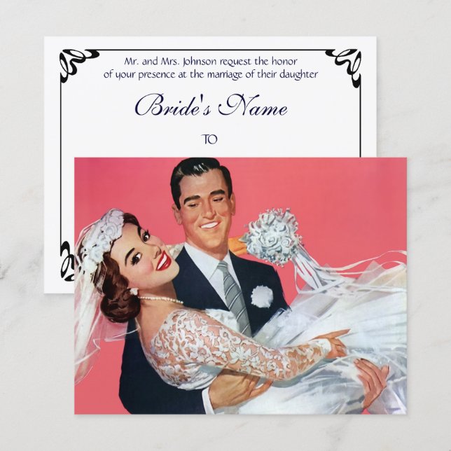 Convite de Casamento Vintage, Felizes Noivos (Frente/Verso)