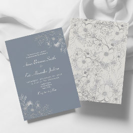 Convite de Casamento Vintage Floral Azul Poeirento