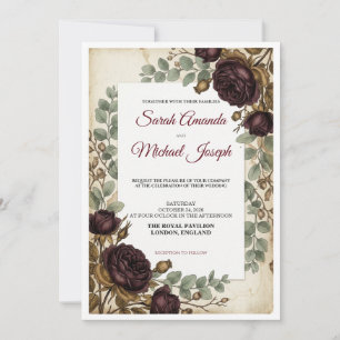 Convite de Casamento Vintage Floral Burgundy Elega