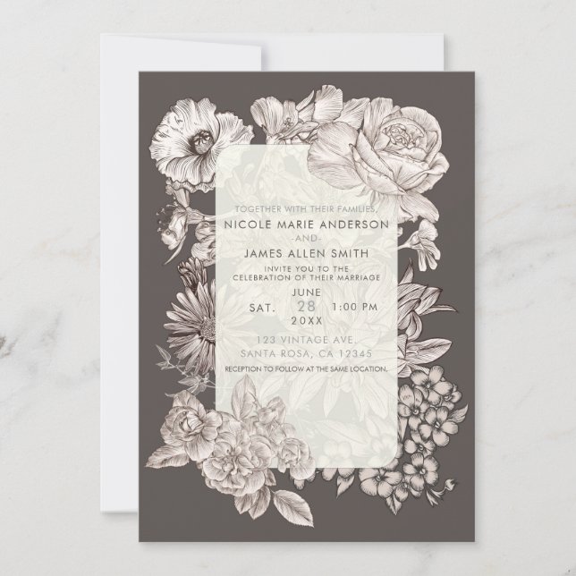 Convite de Casamento Vintage Floral Moderno Marfim (Frente)