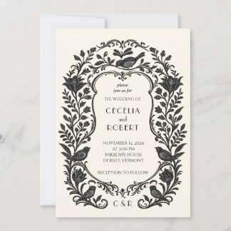 Convite de Casamento Vintage Folk Floral Pássaro B